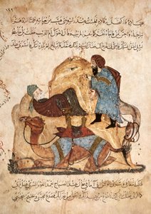 En el desierto, Al-Harith descubre a Abou Zayd durmiendo, de Al Maqamat por Al Hariri, c.1240